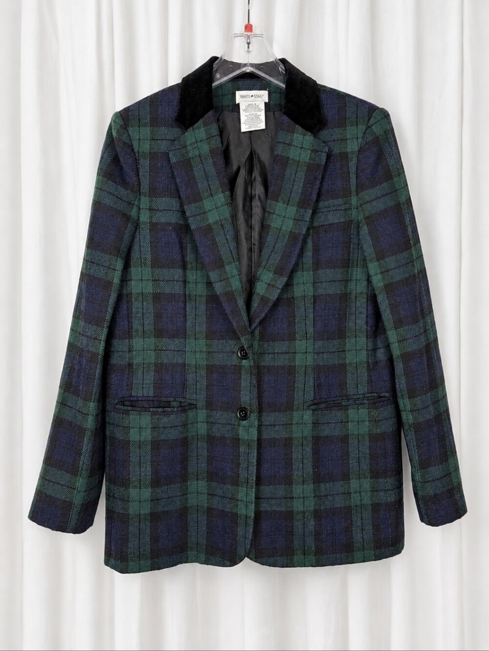 Vintage White Stag Tartan Plaid Wool Blazer Black Velvet Collar Preppy Academia